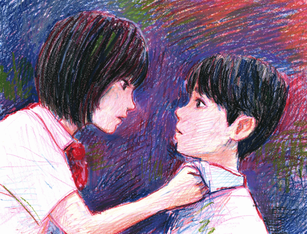 押見修造が描き下ろした実写ドラマ『惡の華』のイラストで、鈴木福とあののキャラクターが向き合う印象的なシーン。