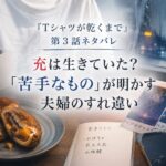『Tシャツが乾くまで』第3話をイメージした白いTシャツやカレーパン、花火大会と水族館のチケットが並ぶ考察用アイキャッチ画像