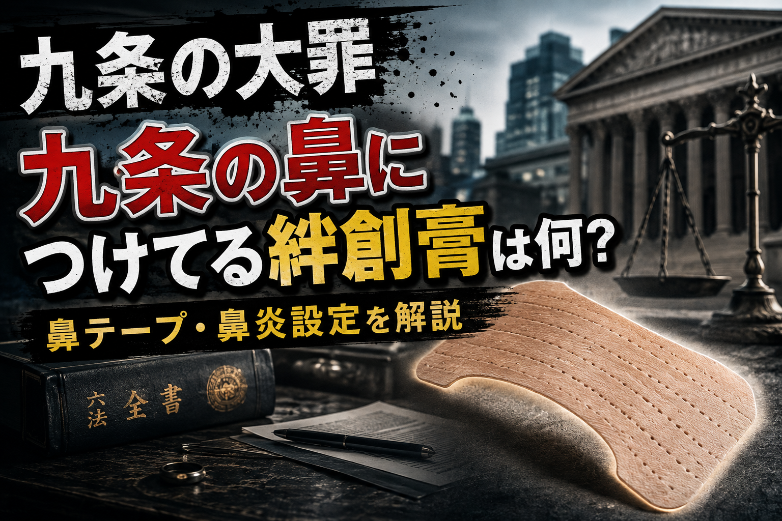 『九条の大罪』九条が鼻につけてる絆創膏のような鼻テープと鼻炎設定を解説するイメージ