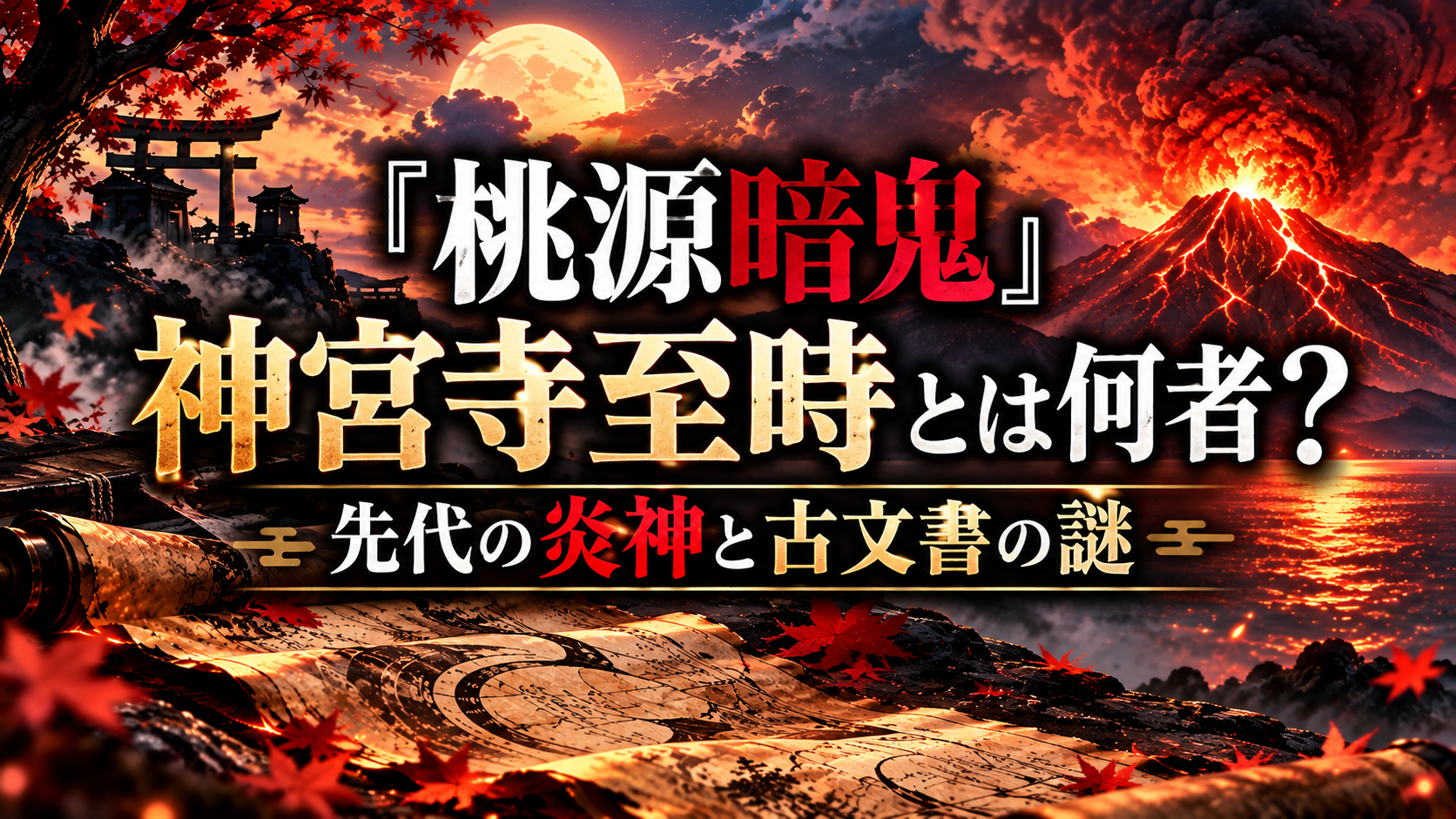 『桃源暗鬼』神宮寺至時と先代の炎神・古文書の謎をイメージしたアイキャッチ