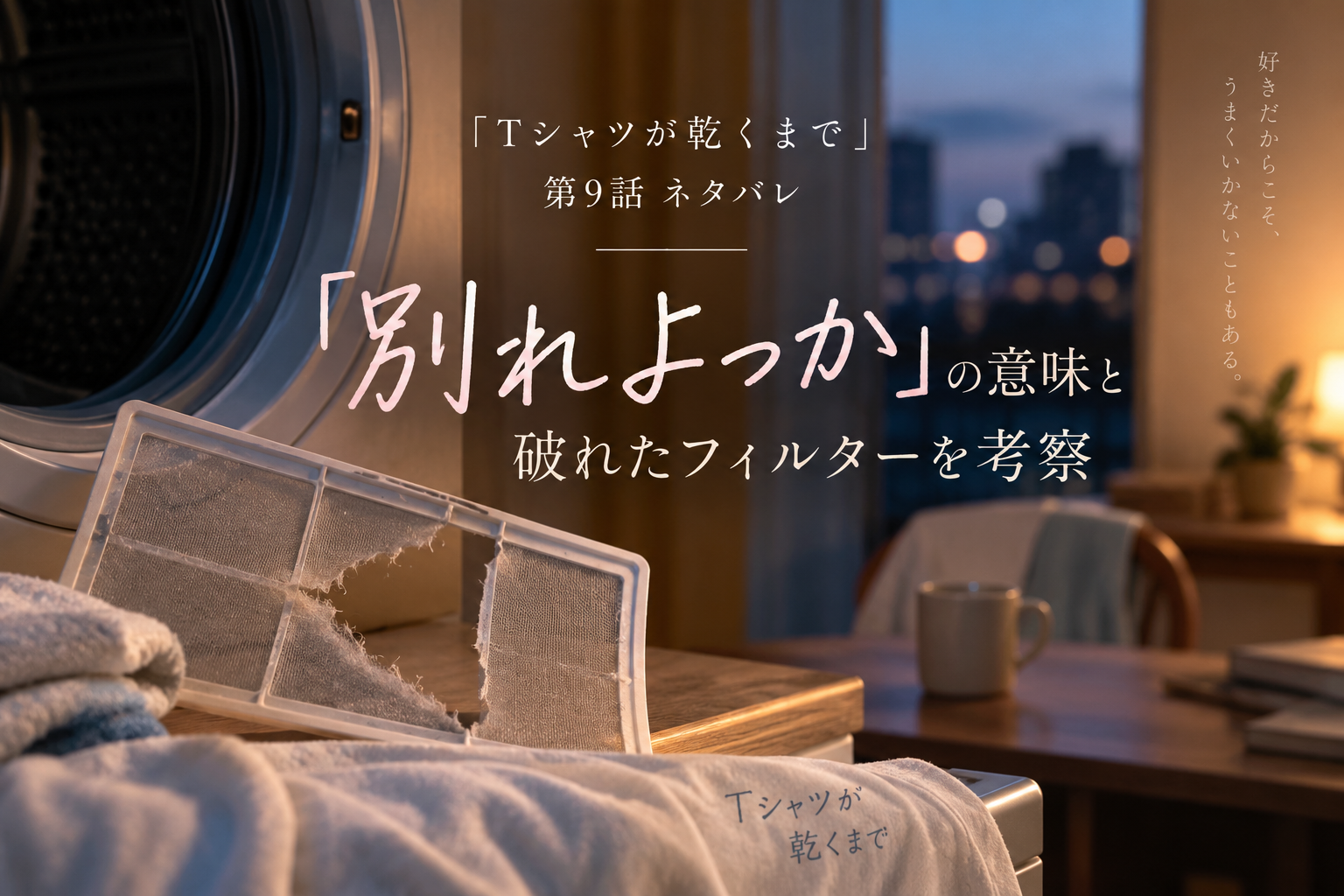 『Tシャツが乾くまで』第9話「別れよっか」と破れた乾燥機のフィルターを表現したアイキャッチ画像