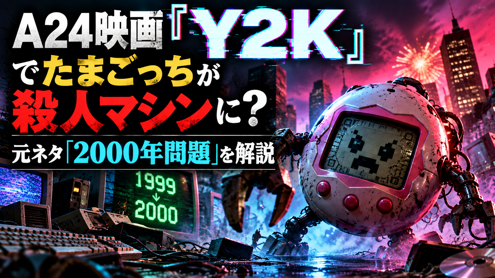 A24映画『Y2K』でたまごっちが殺人マシンになる世界と元ネタ「2000年問題」を表現したアイキャッチ