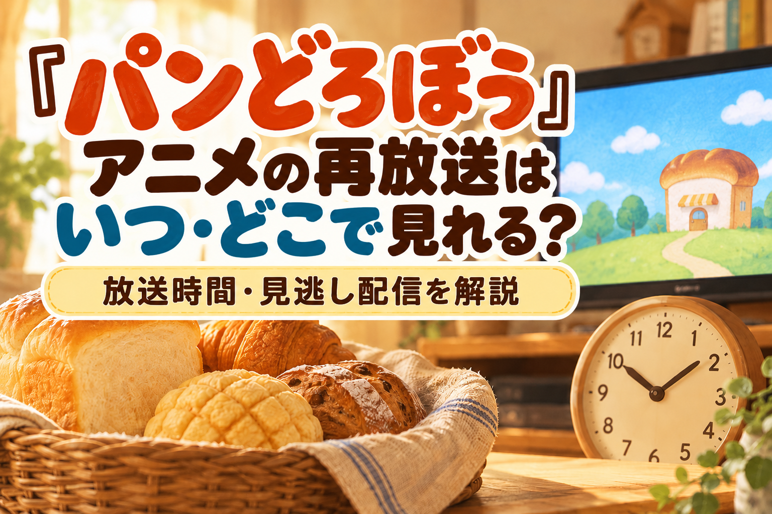 アニメ『パンどろぼう』の再放送はいつ・どこで見れる？パンや時計、テレビを背景に放送時間と見逃し配信を紹介するアイキャッチ画像
